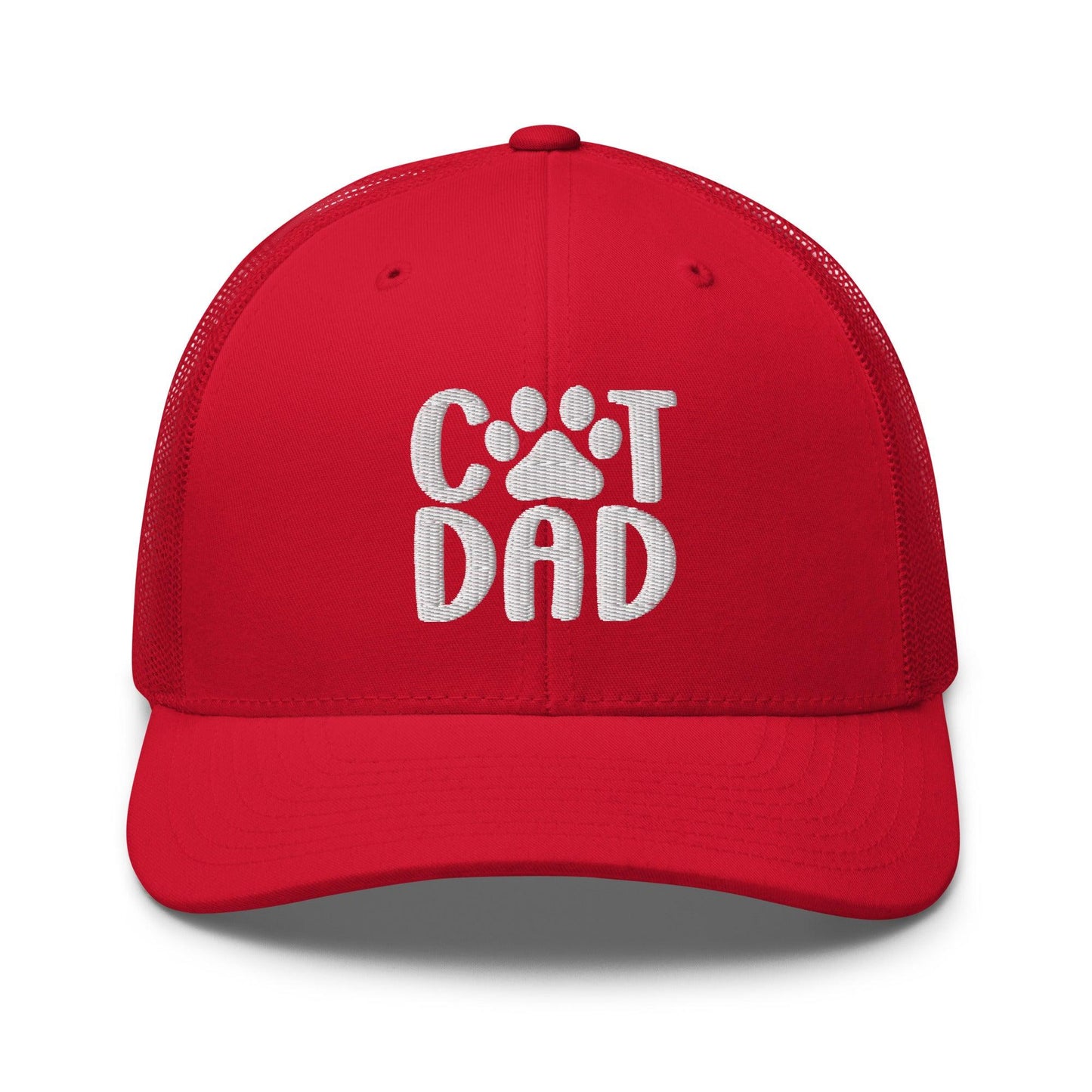 Red trucker hat with cat dad embroidered design and dad embroidered mesh detail