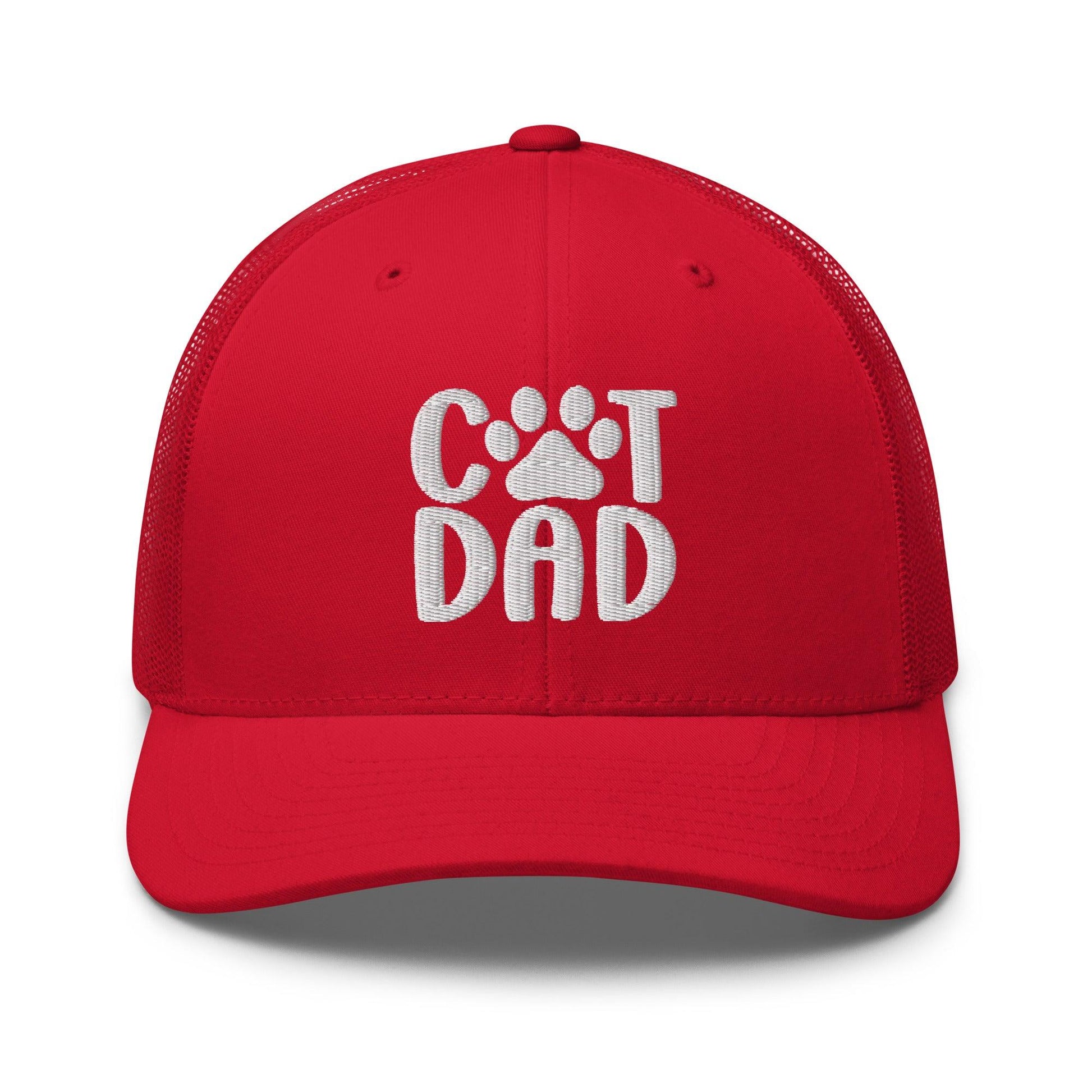 Red trucker hat with cat dad embroidered design and dad embroidered mesh detail