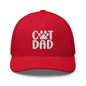 Red trucker hat with cat dad embroidered design and dad embroidered mesh detail