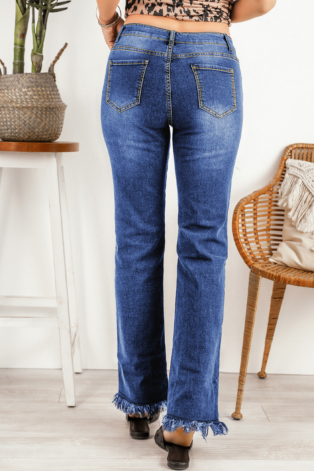 Blue Raw Hem High Waist Straight Leg Jeans