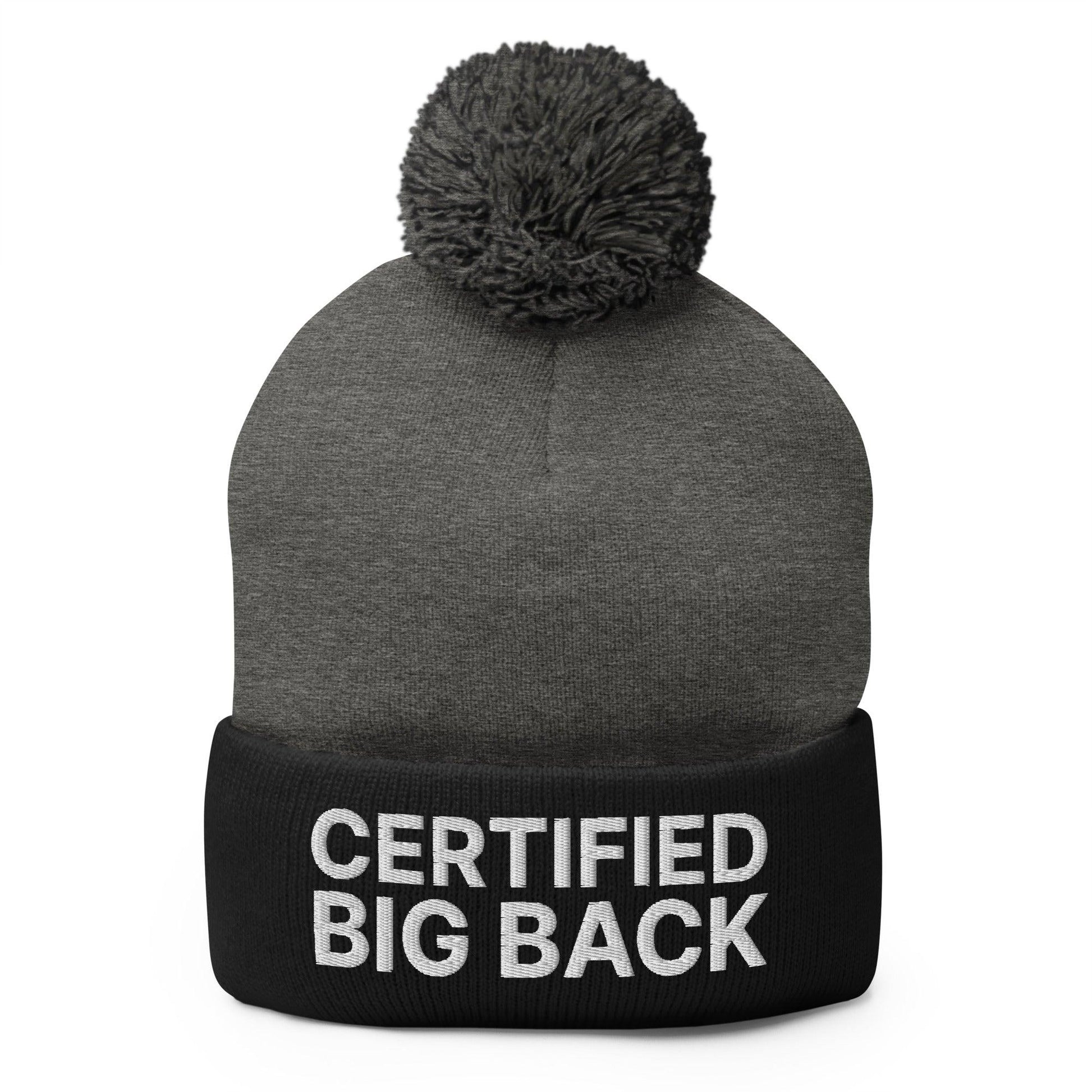 Certified Big Back Embroidered Knit Pom Beanie - Dark Heather Grey/ Black