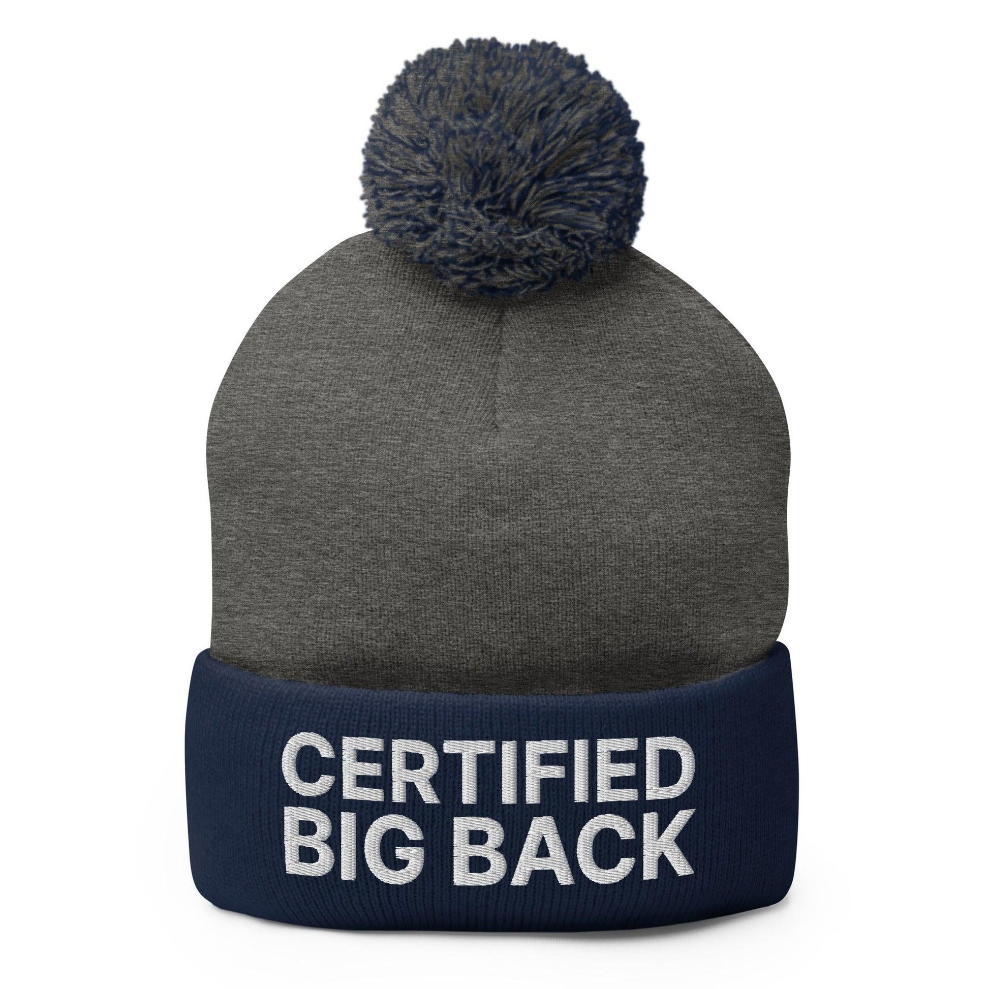 Certified Big Back Embroidered Knit Pom Beanie - Dark Heather Grey/ Navy