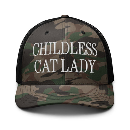 Childless Cat Lady Camo Trucker Hat - Camo/Black - Headwear