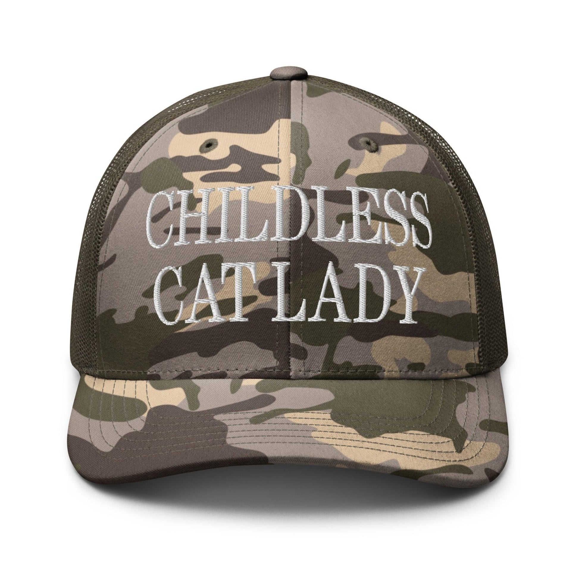 Childless Cat Lady Camo Trucker Hat - Camo/Olive - Headwear