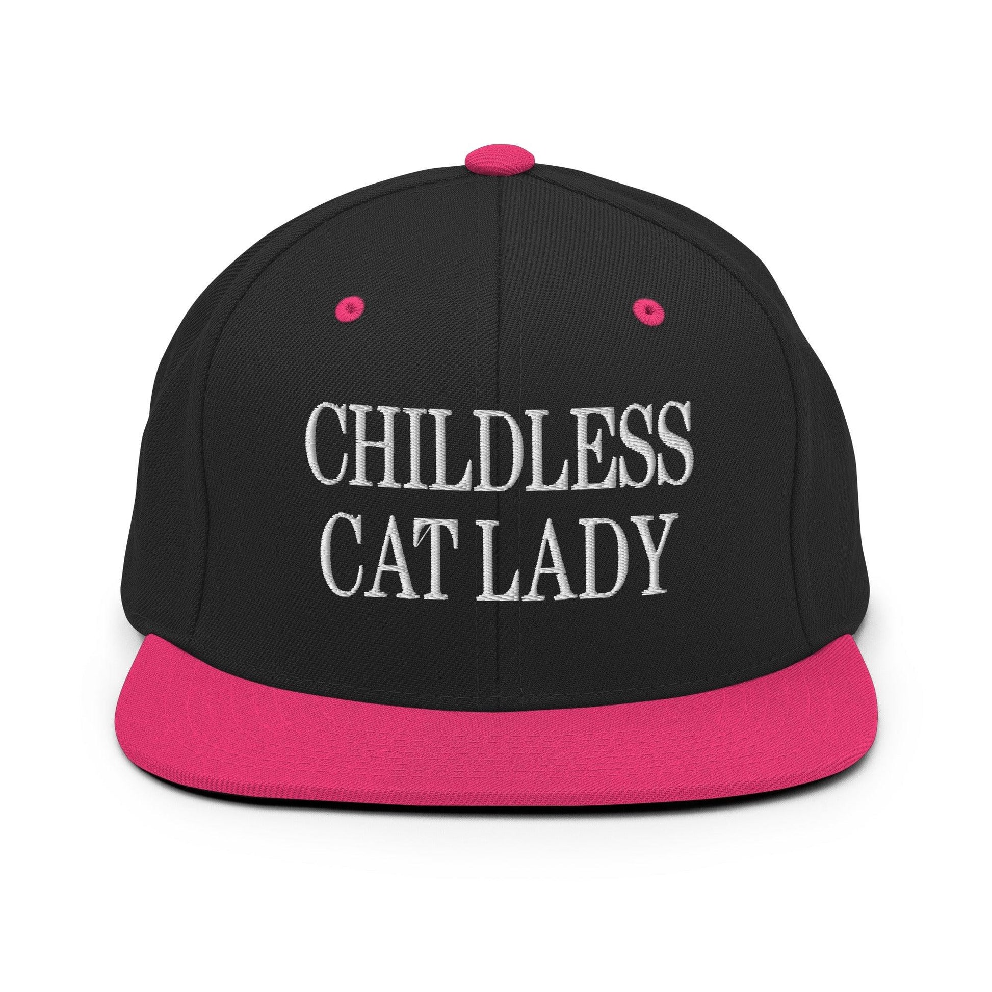 Childless Cat Lady Flat Bill Brim Snapback Hat - Black/ Neon Pink - Headwear