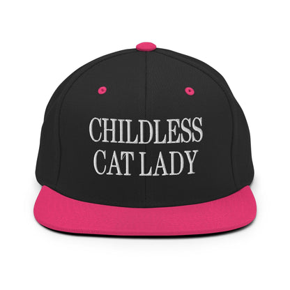 Childless Cat Lady Flat Bill Brim Snapback Hat - Black/ Neon Pink - Headwear