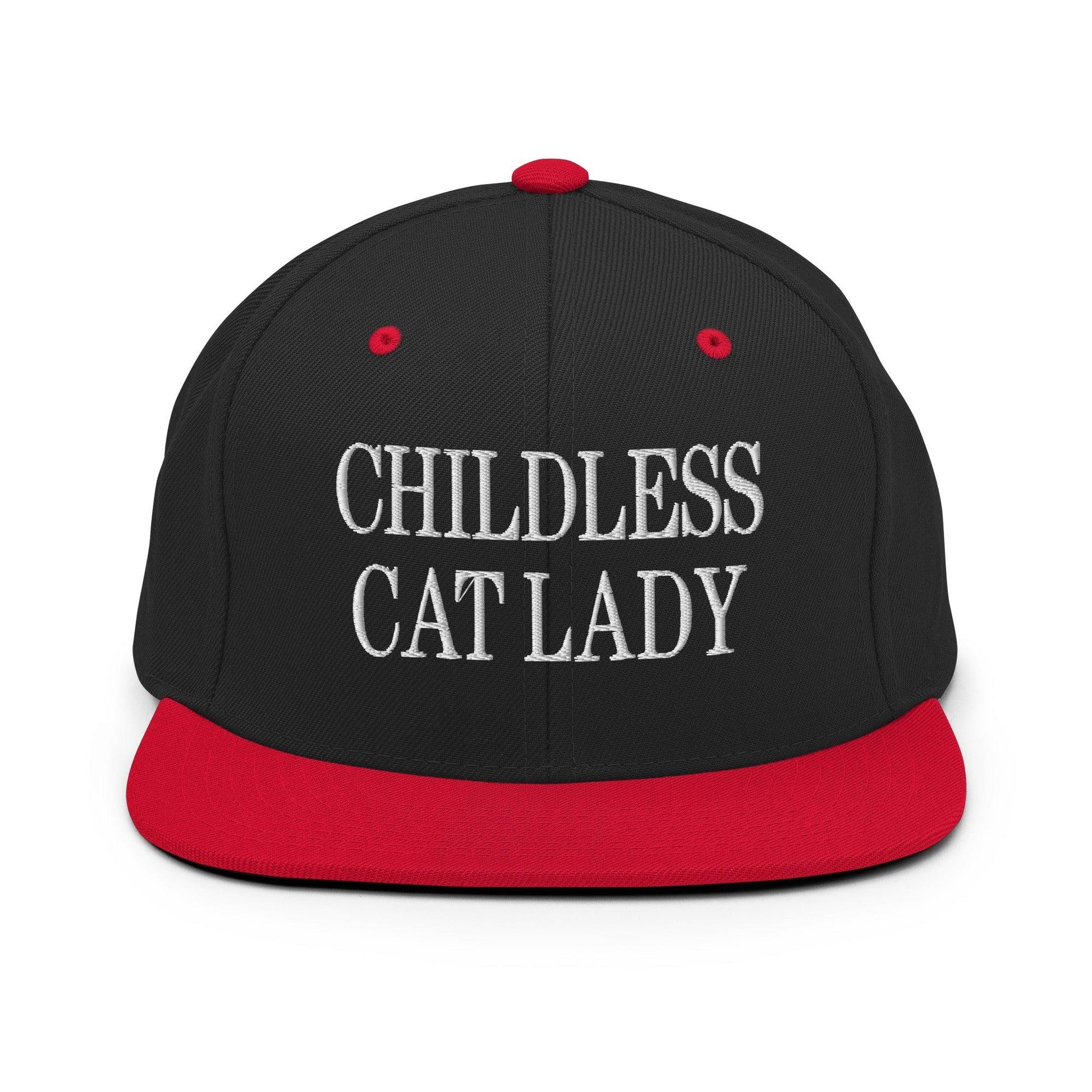 Childless Cat Lady Flat Bill Brim Snapback Hat - Black/ Red - Headwear