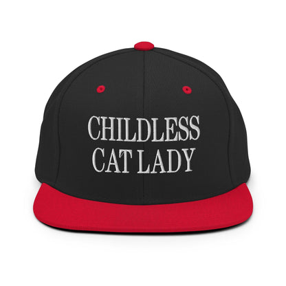 Childless Cat Lady Flat Bill Brim Snapback Hat - Black/ Red - Headwear