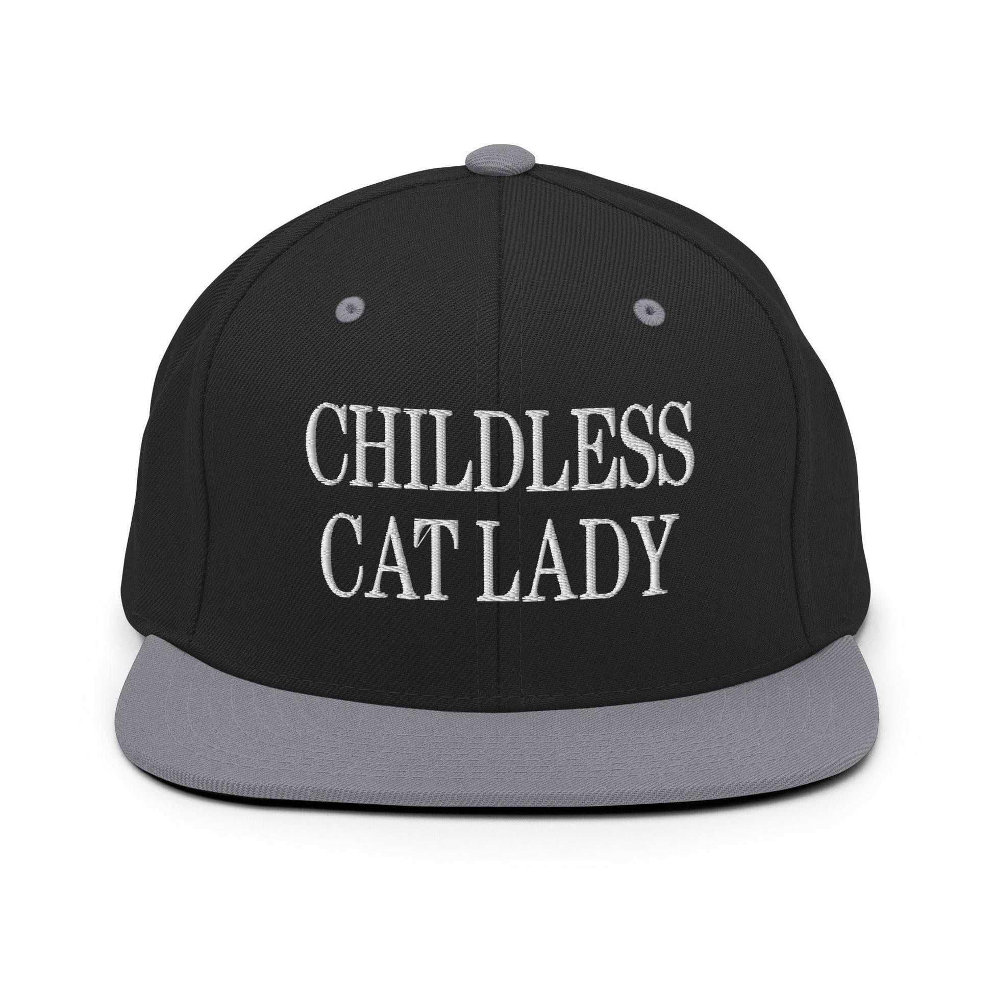 Childless Cat Lady Flat Bill Brim Snapback Hat - Black/ Silver - Headwear