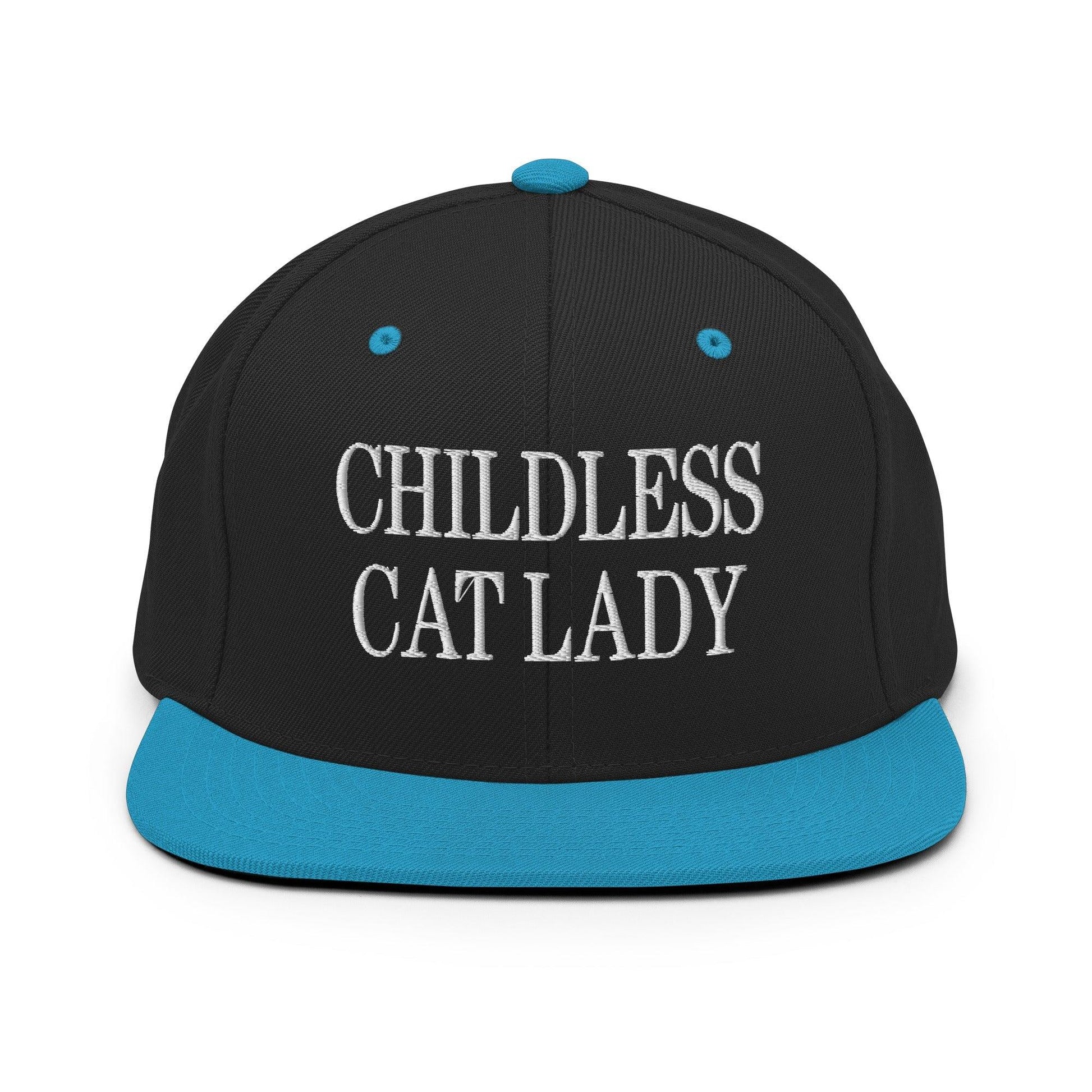 Childless Cat Lady Flat Bill Brim Snapback Hat - Black/ Teal - Headwear