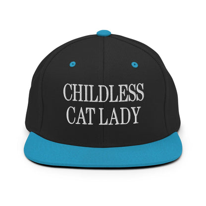 Childless Cat Lady Flat Bill Brim Snapback Hat - Black/ Teal - Headwear