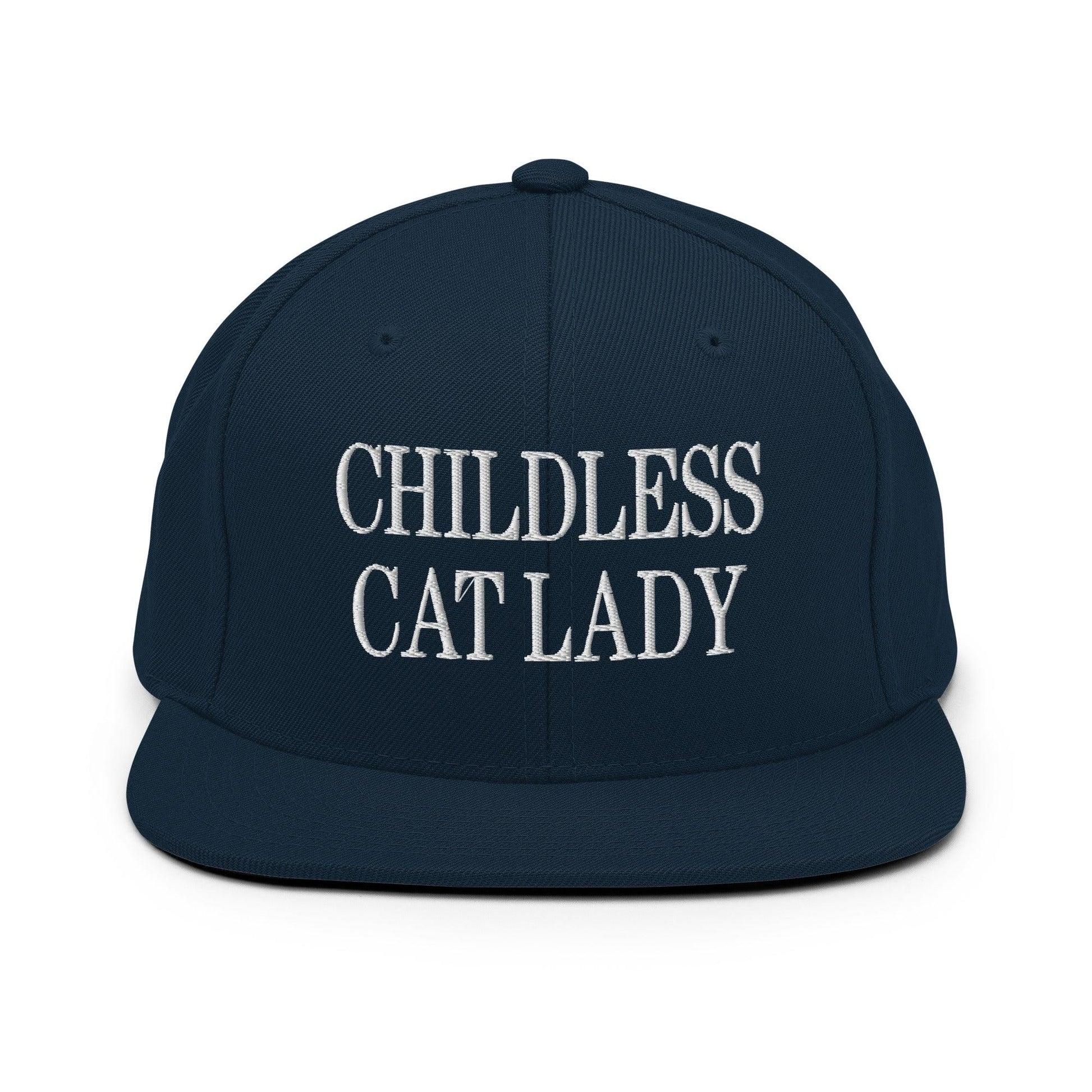 Childless Cat Lady Flat Bill Brim Snapback Hat - Dark Navy - Headwear