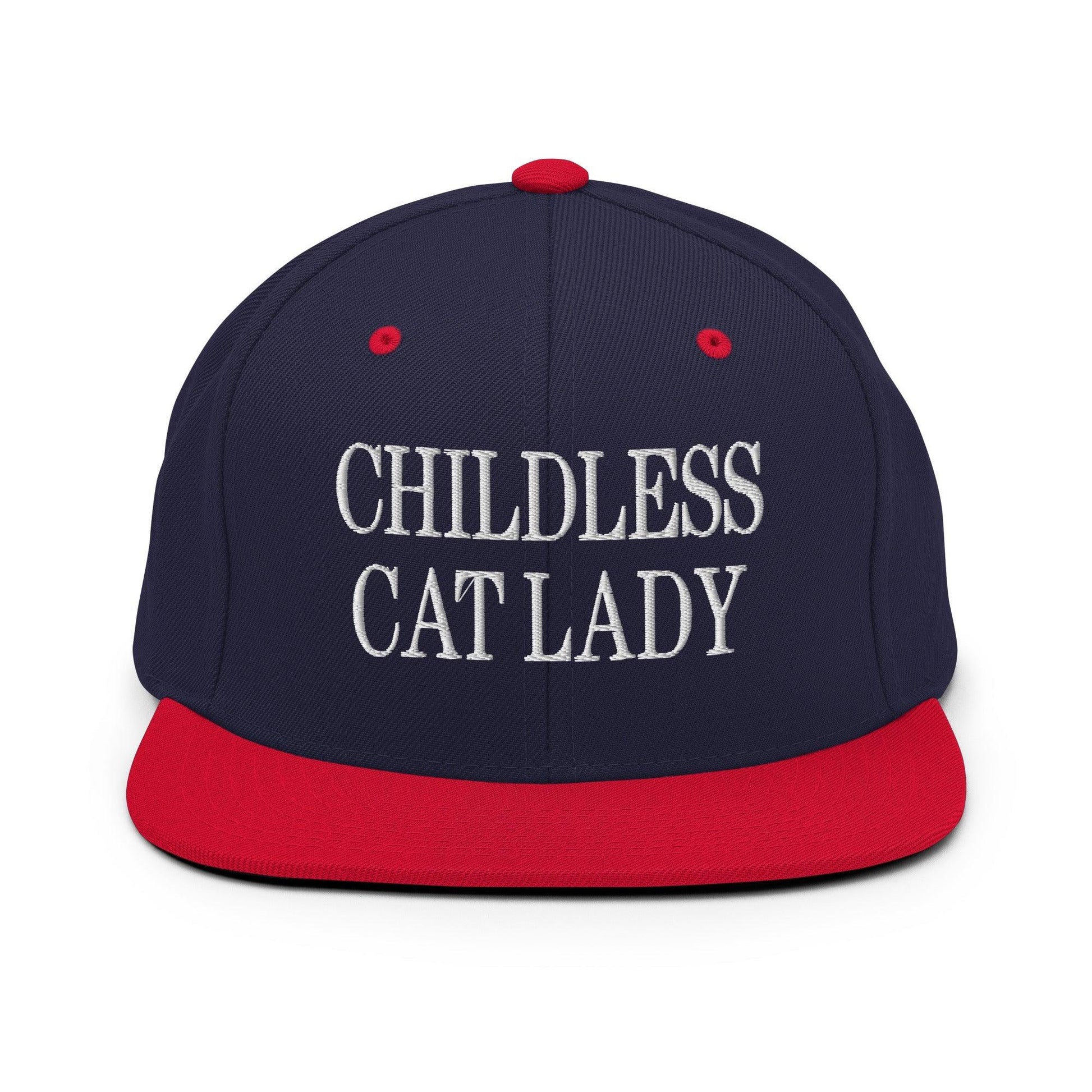 Childless Cat Lady Flat Bill Brim Snapback Hat - Navy/ Red - Headwear