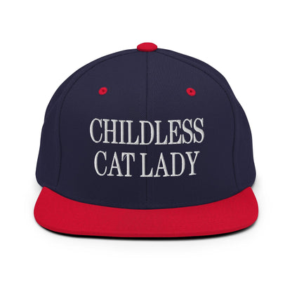 Childless Cat Lady Flat Bill Brim Snapback Hat - Navy/ Red - Headwear