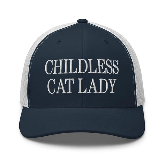 Childless Cat Lady Retro Trucker Hat - Navy/ White