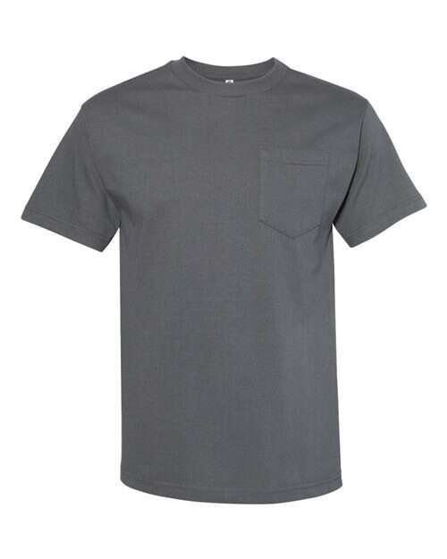 Gray pocket T-shirt made from cotton polyester blend, ideal for custom apparel