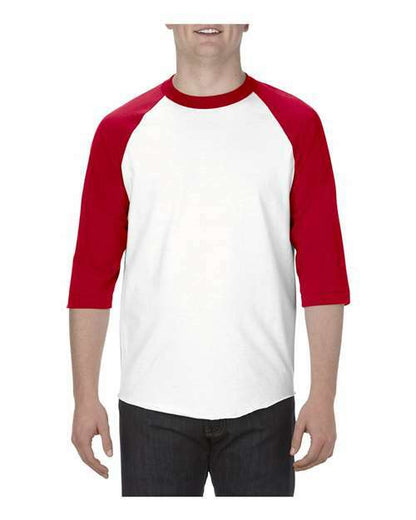 Red and white raglan shirt in athletic heather fabric, perfect for custom apparel