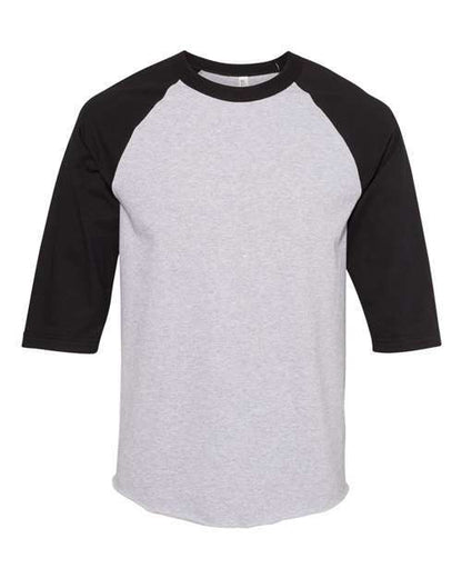 Gray and black raglan shirt from Classic Raglan Three-Quarter Sleeve T-Shirt in athletic heather style