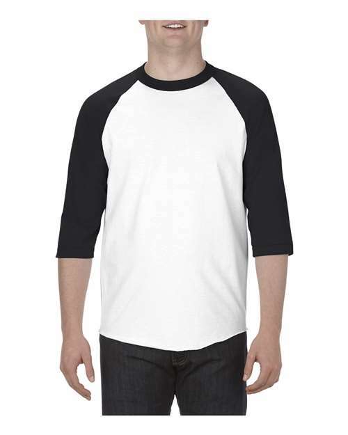 White and black raglan shirt from Classic Raglan Three-Quarter Sleeve T-Shirt, ideal for athletic heather custom apparel with versatile color designations
