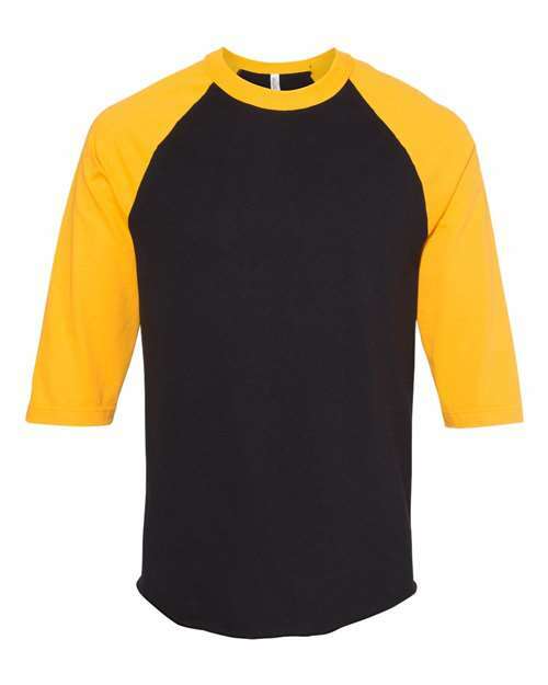 Black and gold raglan shirt featuring athletic heather fabric in custom apparel design