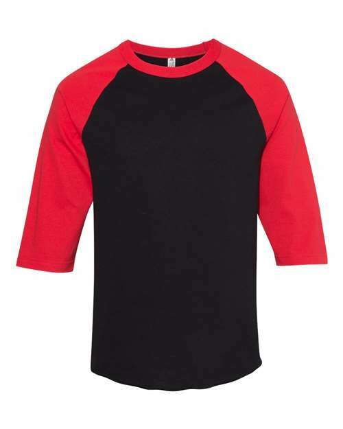 Black and red raglan shirt with athletic heather fabric, ideal for custom apparel