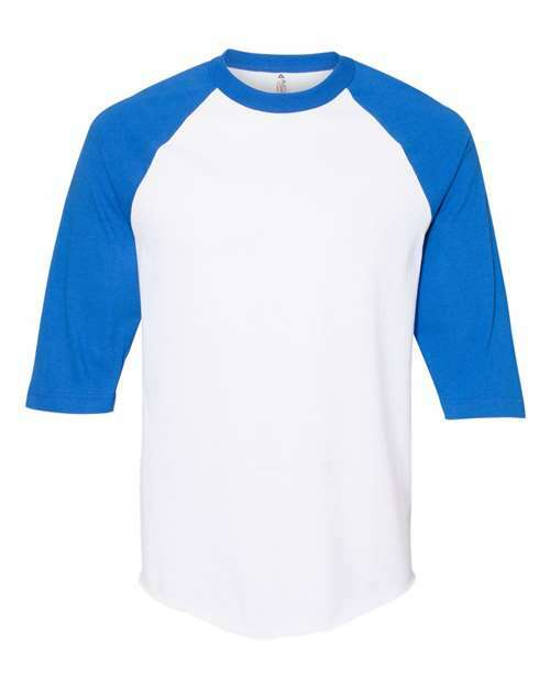 Blue and white raglan shirt with athletic heather color designates in custom apparel