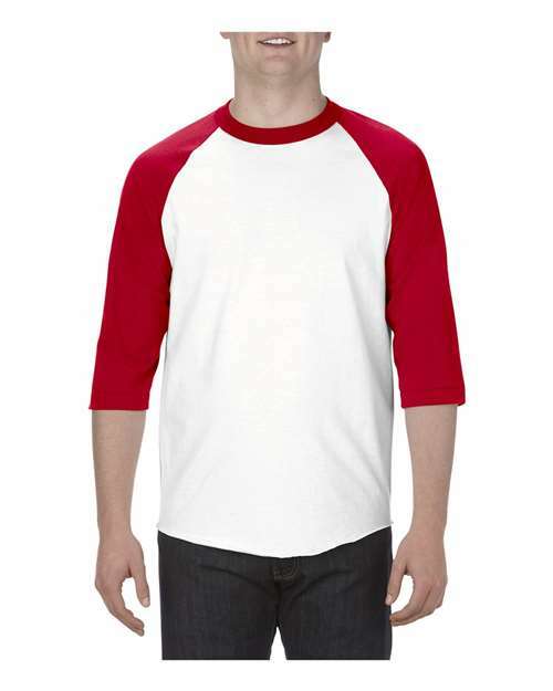 Red and white athletic heather baseball tee from Classic Raglan Three-Quarter Sleeve T-Shirt collection