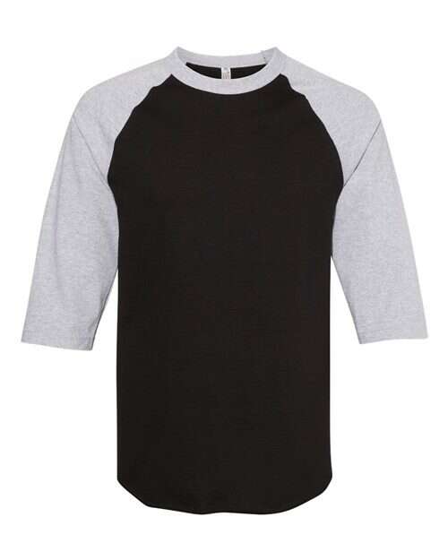 Black and gray athletic heather raglan tee from Classic Raglan Three-Quarter Sleeve T-Shirt collection, ideal as custom apparel