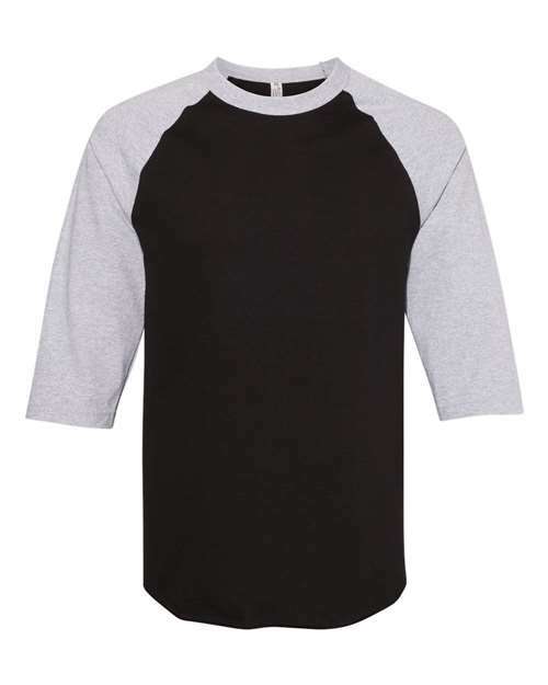 Black and gray raglan shirt from Classic Raglan Three-Quarter Sleeve T-Shirt in athletic heather color designates for custom apparel