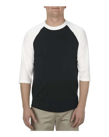 Black and white raglan shirt with athletic heather fabric, ideal for custom apparel
