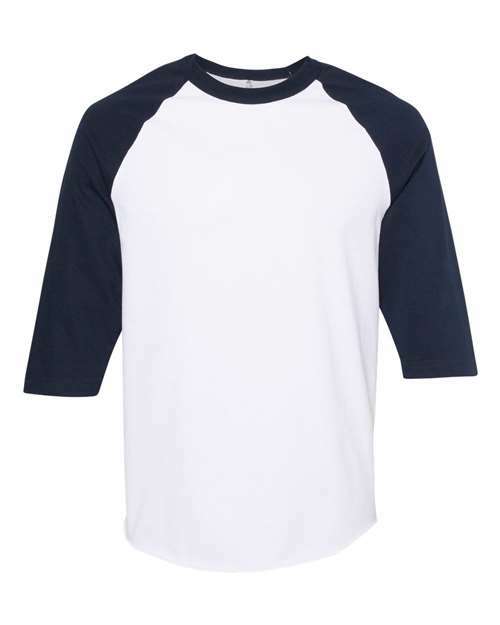 White and navy blue raglan shirt from Classic Raglan Three-Quarter Sleeve T-Shirt, ideal for custom apparel featuring athletic heather design