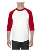 Red and white athletic heather raglan baseball tee from Classic Raglan Three-Quarter Sleeve T-Shirt, ideal for custom apparel