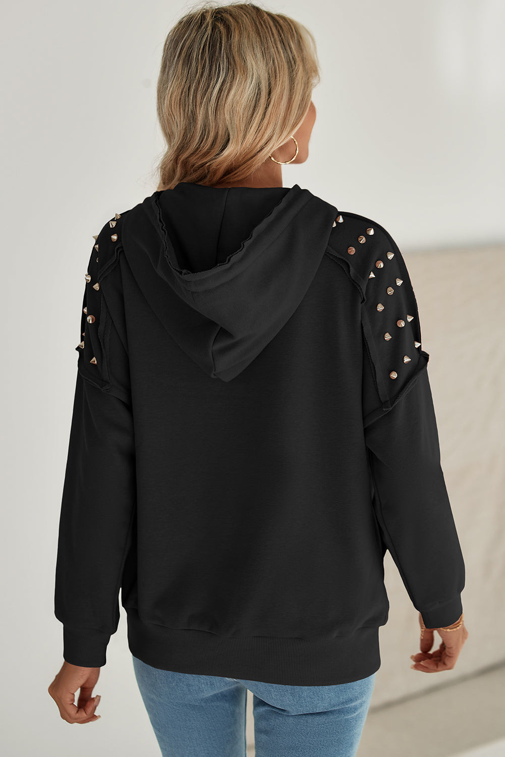 Black Stud Detail Kangaroo Pocket Drawstring Hoodie