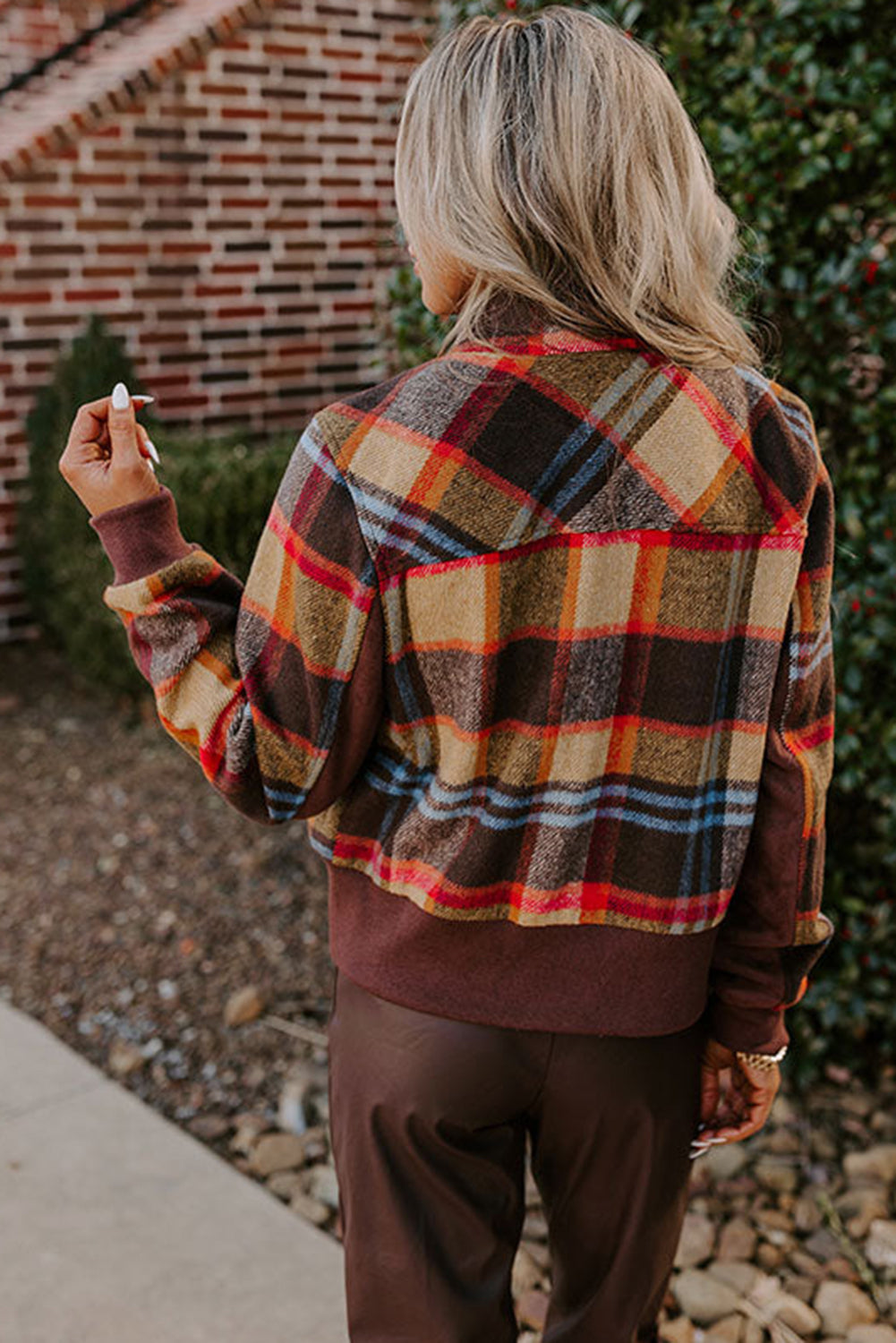 Brown Checkered Print Chest Pockets Button Zipper Stand Neck Jacket