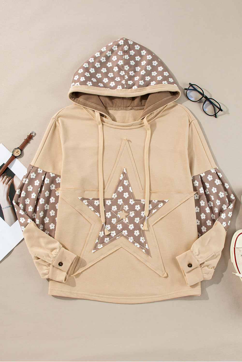 Beau Blue Floral Patchwork Star Pattern Drawstring Hoodie