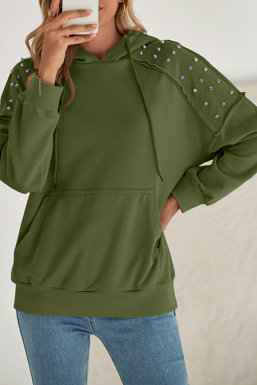 Black Stud Detail Kangaroo Pocket Drawstring Hoodie