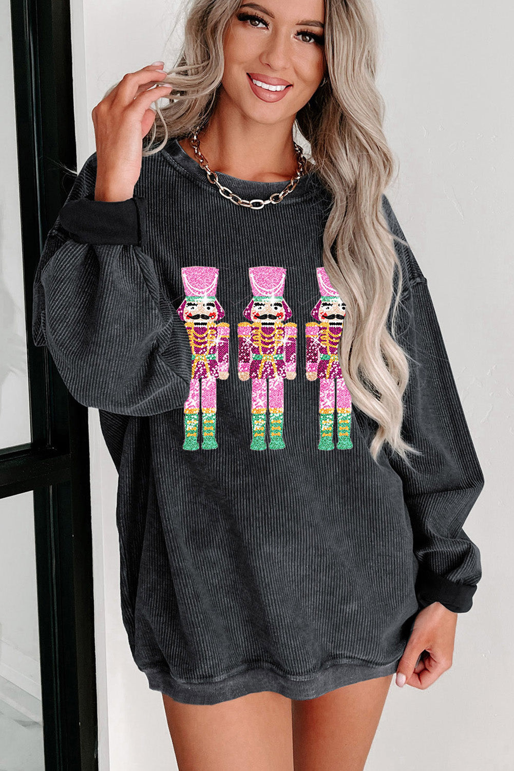 Black Neon Nutcrackers Mineral Wash Corded Graphic Sweatshirt