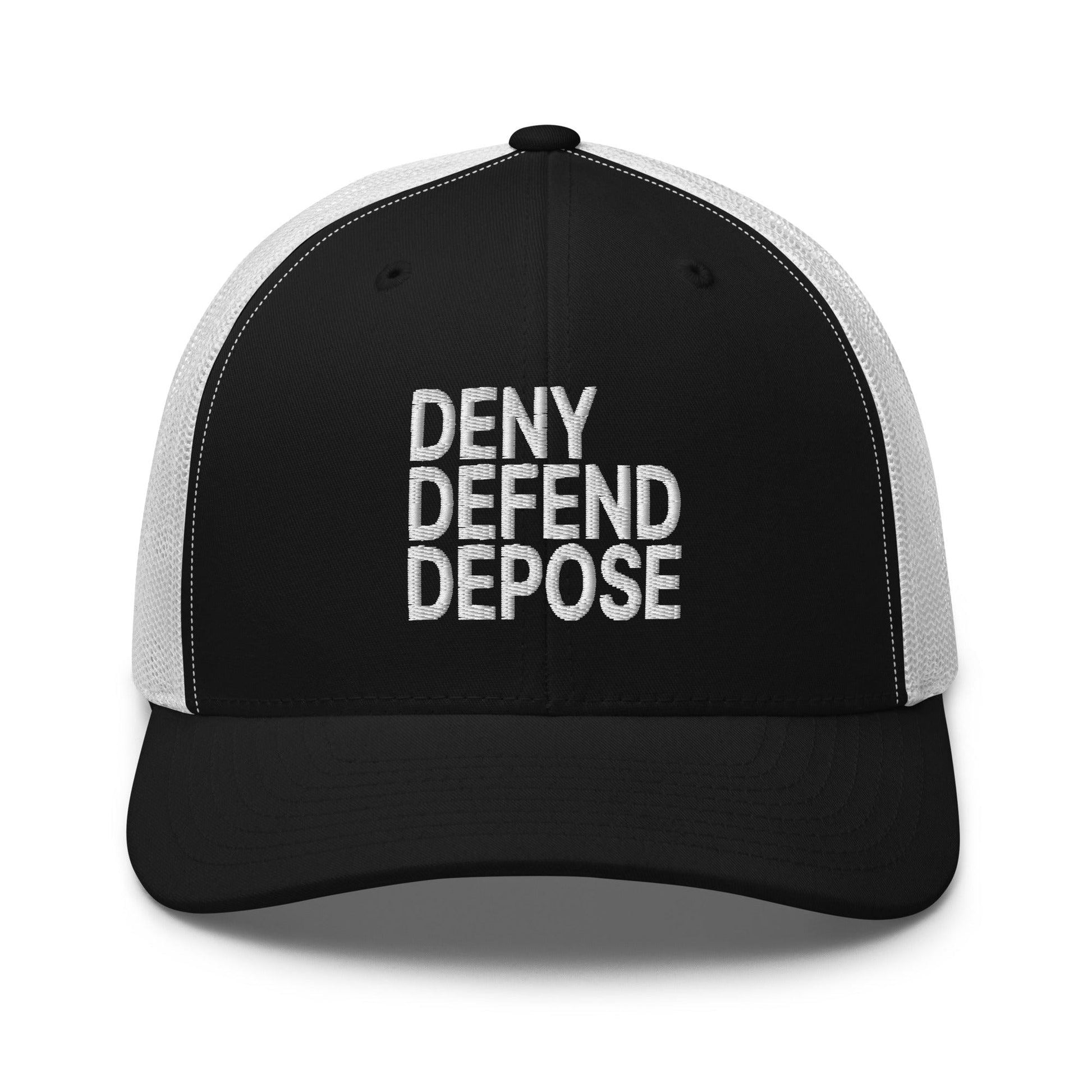 Deny Defend Depose Embroidered Mesh Trucker Hat - Black/ White