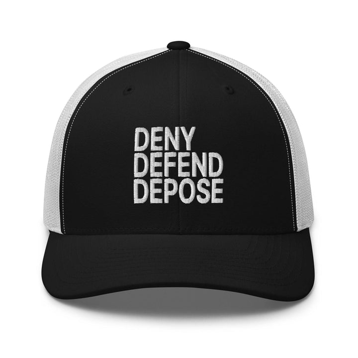 Deny Defend Depose Embroidered Mesh Trucker Hat - Black/ White
