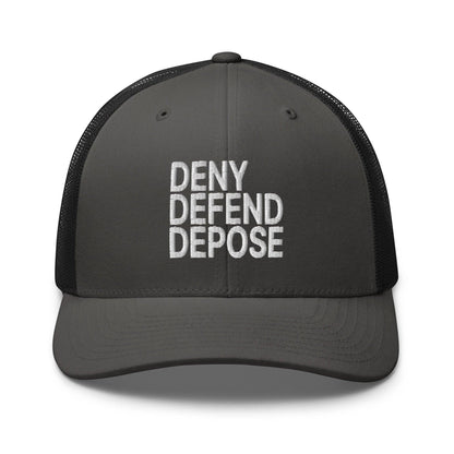 Deny Defend Depose Embroidered Mesh Trucker Hat - Charcoal/ Black