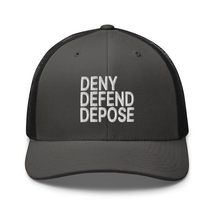 Deny Defend Depose Embroidered Mesh Trucker Hat - Charcoal/ Black