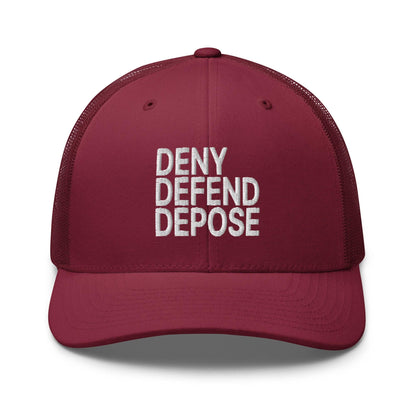 Deny Defend Depose Embroidered Mesh Trucker Hat - Cranberry