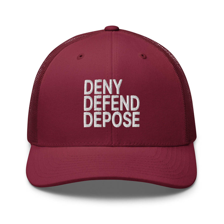 Deny Defend Depose Embroidered Mesh Trucker Hat - Cranberry