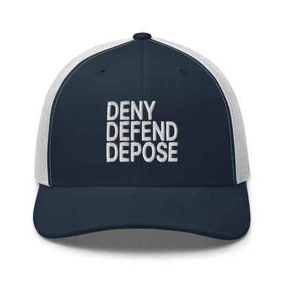 Deny Defend Depose Embroidered Mesh Trucker Hat - Navy/ White