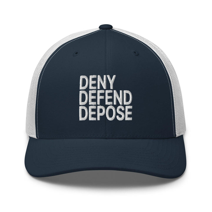 Deny Defend Depose Embroidered Mesh Trucker Hat - Navy/ White