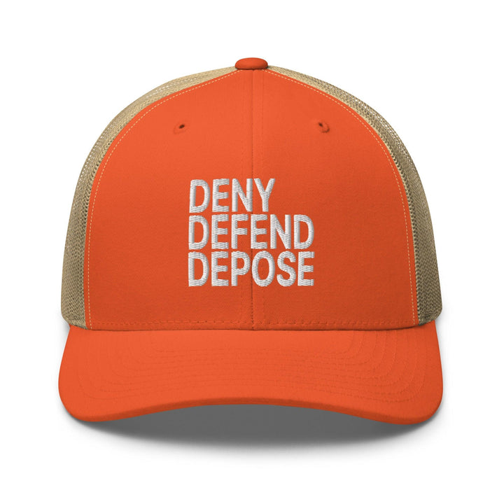 Deny Defend Depose Embroidered Mesh Trucker Hat - Rustic Orange/ Khaki