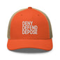 Deny Defend Depose Embroidered Mesh Trucker Hat - Rustic Orange/ Khaki