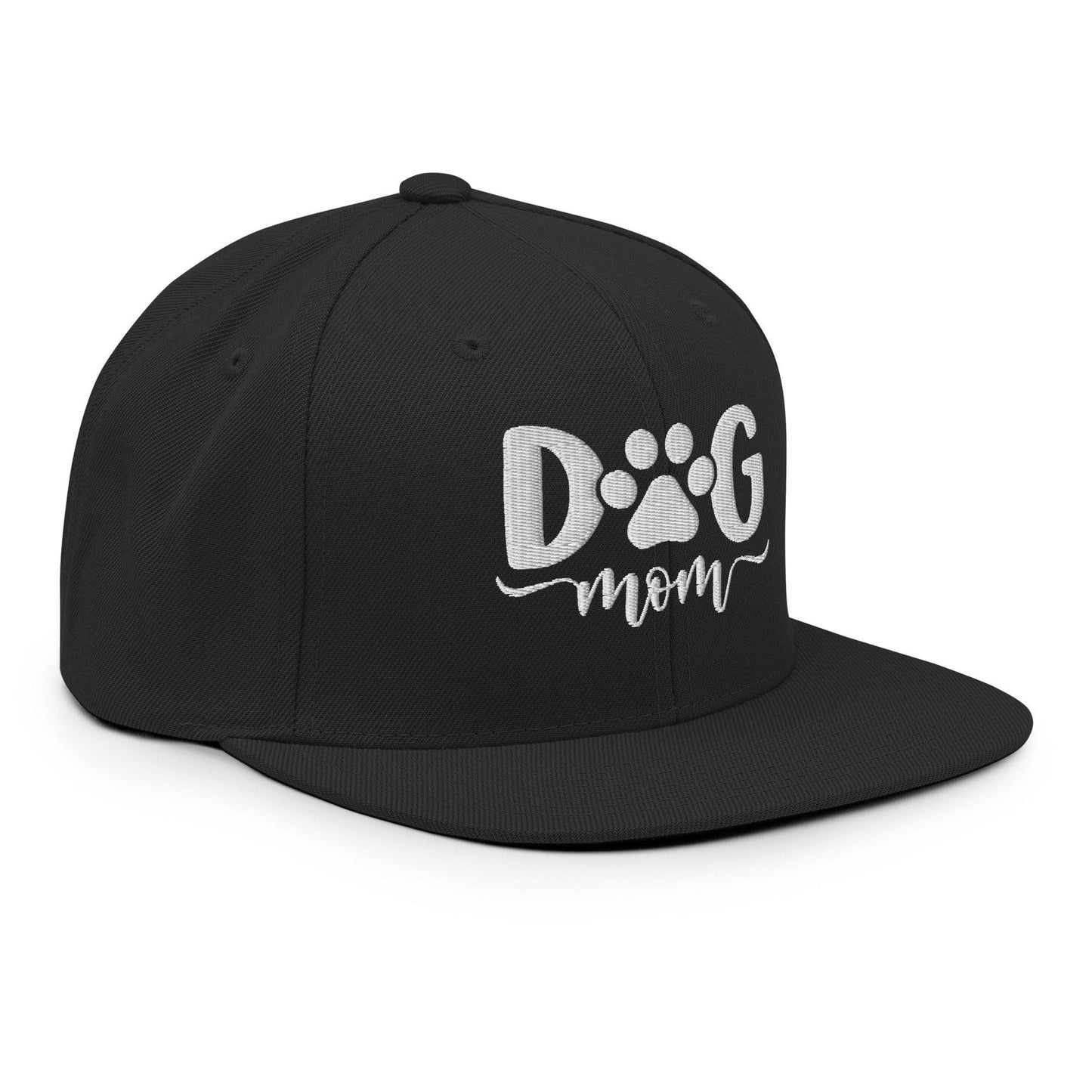 Black flat-brimmed cap featuring dog mom embroidered detail and snapback hat design