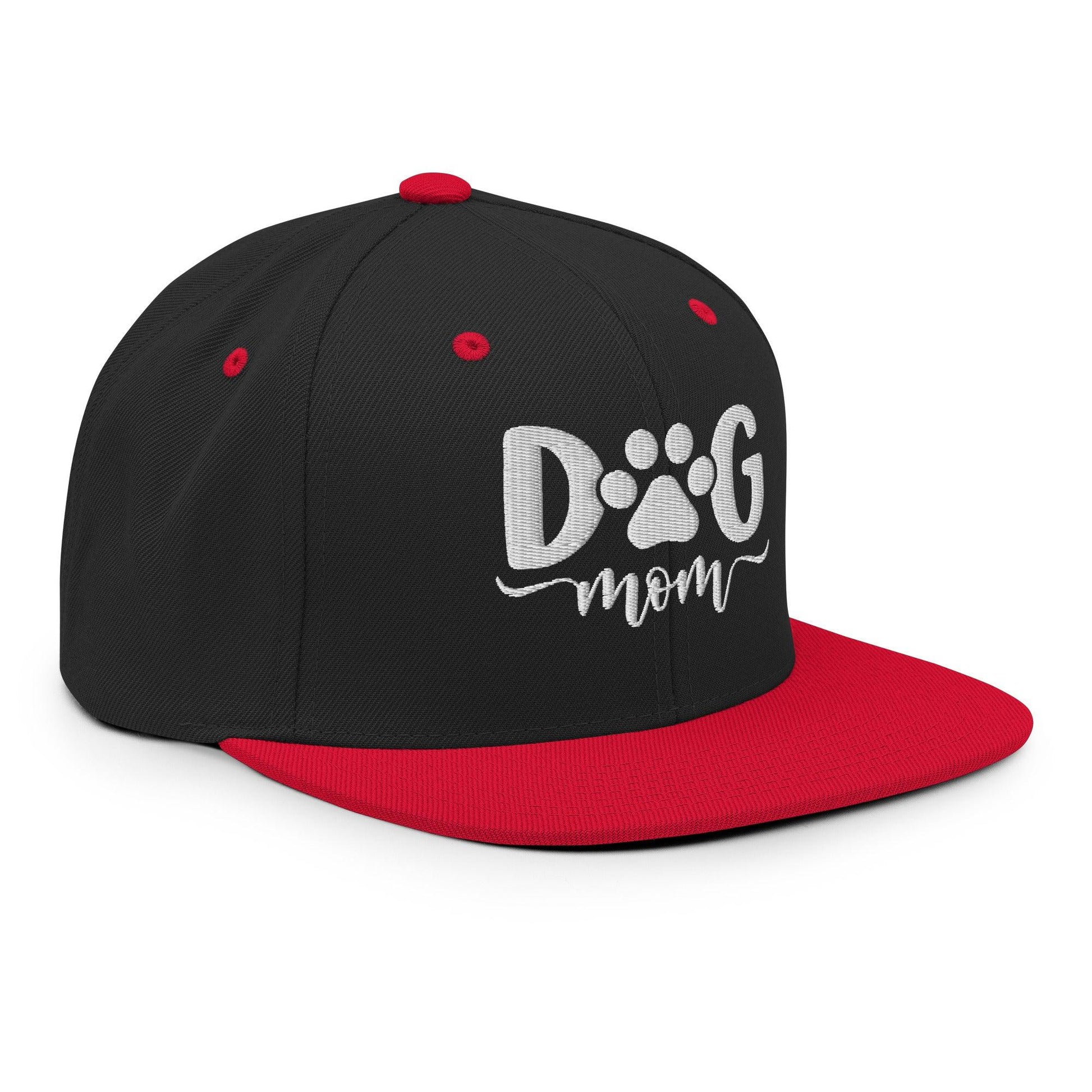 Black and red Dog Mom embroidered flat bill brim snapback hat for dog lovers