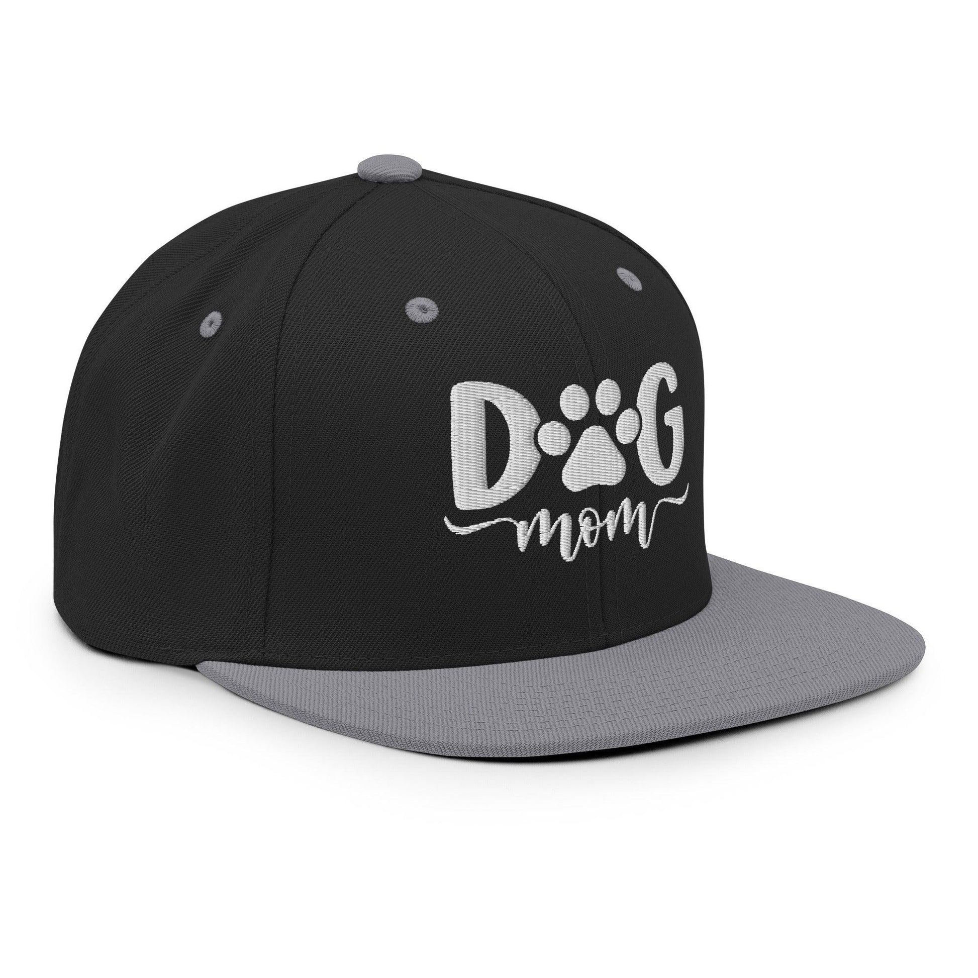 Black and gray Dog Mom embroidered flat bill brim snapback hat for dog lovers